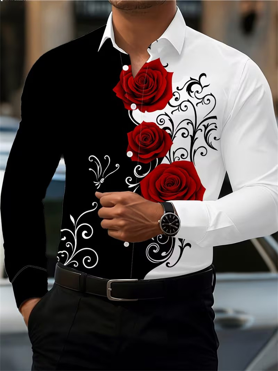 Men Fashion Upper - Men's Red Rose Print Long-Sleeve Shirt,