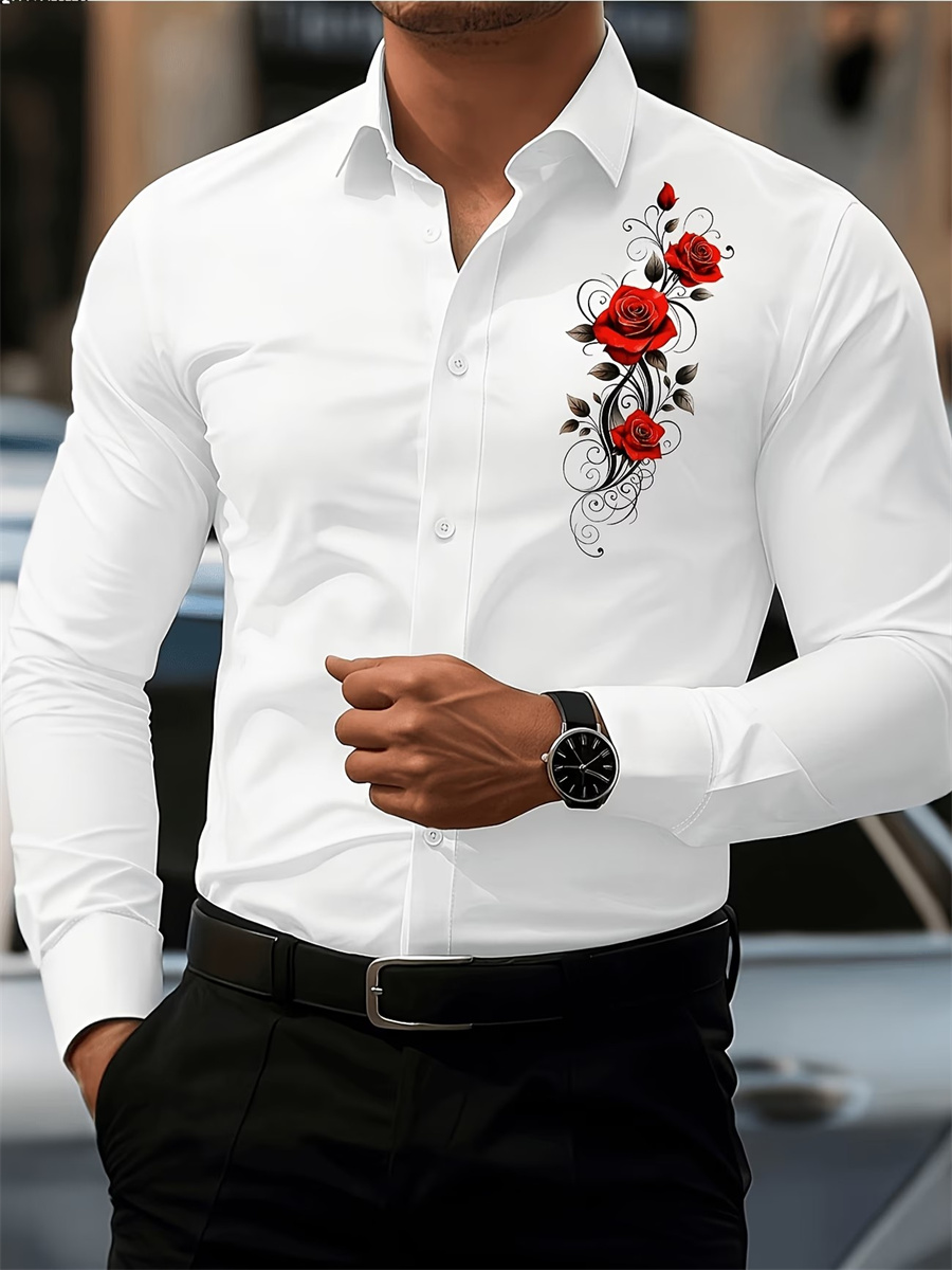Men's Red Rose Print Long-Slee - Men Fashion Upper recension och pris