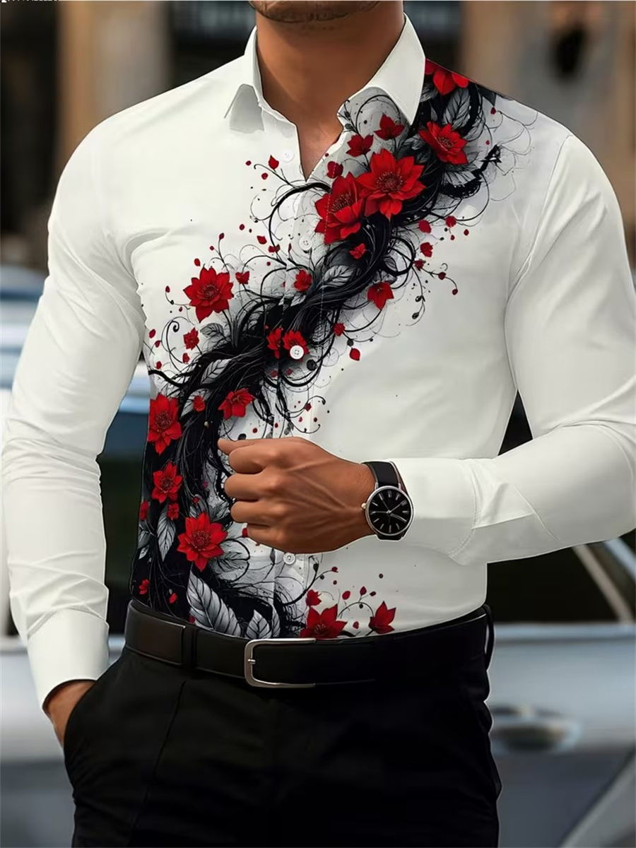 Men's Red Rose Print Long-Slee - Men Fashion Upper recension och pris